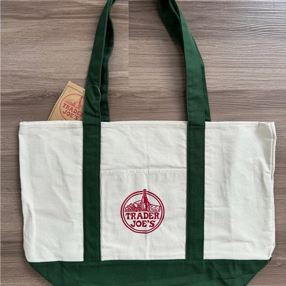 Trader Joe's Cream & Dark Green Canvas Tote